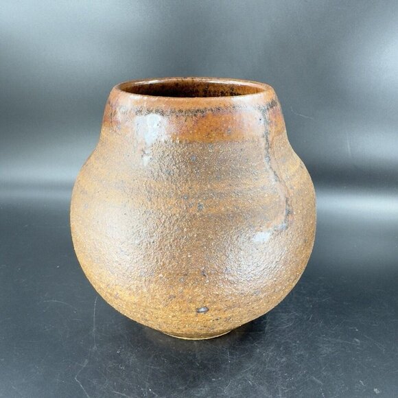 1997 Hand Made Primitive Style Pottery Vase Vessel Carved Brown Drip Glaze Vase - Picture 16 of 16